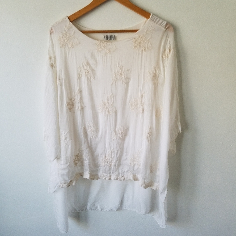 Angela Moda Italy Silk Embroidered Floral Lined Sheer Hi Low Blouse Size Large